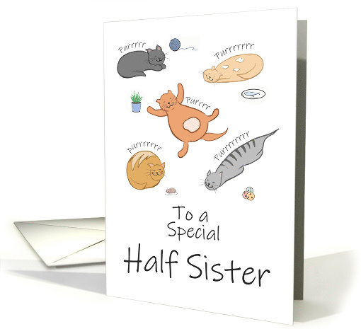 Half Sister Birthday Funny Cartoon Cats Sleeping and Purring card