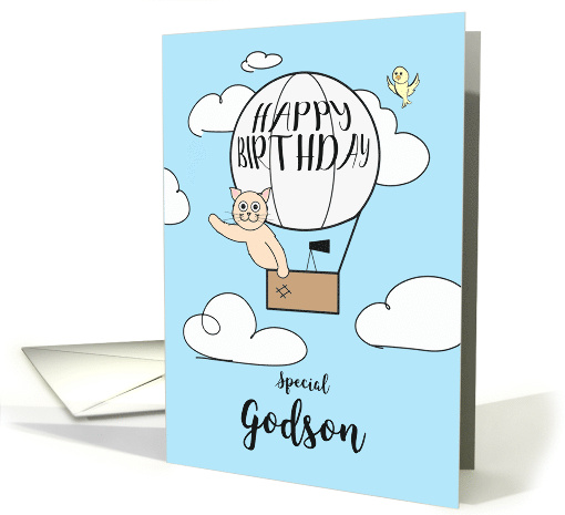 Godson Birthday Across the Miles Cute Cat in Hot Air Balloon card