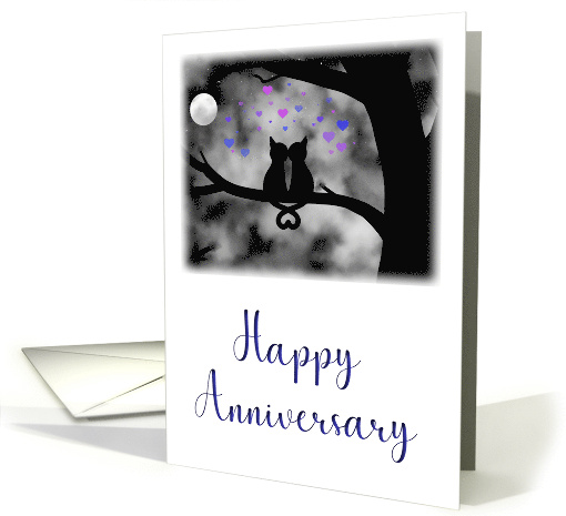 Couple Anniversary Cats Kissing in Moonlight with Floating Hearts card