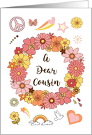 Cousin Mother’s Day Retro Peace and Love with Pink Flowers card
