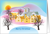 Merry Christmas-village with church at sunset card