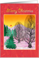 Merry Christmas, snow scene winter sun card