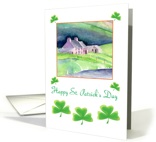 Happy St. Patrick's Day- Shamrocks and traditional Irish Cottage card