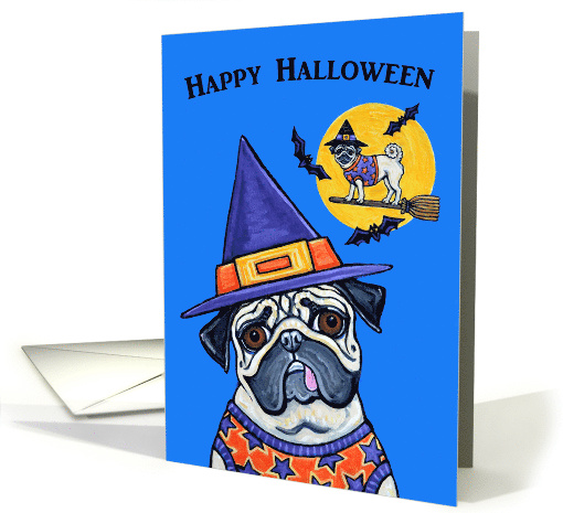 Happy Halloween Witch Bat Moon Pug Dogs card (1402304)