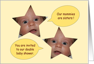 Double baby shower invitation from sisters - two stars with baby face card