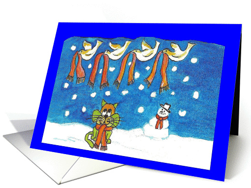 Happy Holidays, Cat, Snowman, Doves with Scarves card (996271)