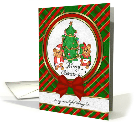 For Daughter - Cute Santa & Elf Yorkie Art Merry Christmas card