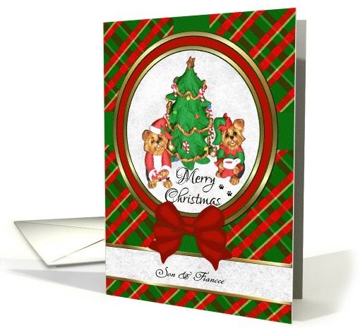 For Son & Fiancee - Cute Santa Yorkie Art Merry Christmas card