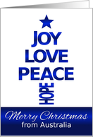 Merry Christmas,From Australia, Blue and White Tree card