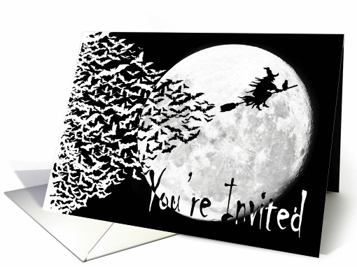 You're Invited - Black/White Bat and Witch Halloween Invitation card