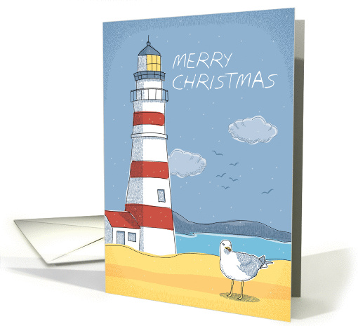 Lighthouse, Seagull and Ocean Landscape Merry Christmas card (1125110)