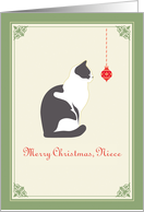 Cat Staring at Christmas Ornament, Merry Christmas, Niece card