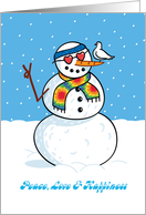 Hippy Snowman with Dove, Humorous Christmas card
