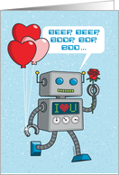 Robot Holding Heart Balloons & Rose, Valentine’s Day card