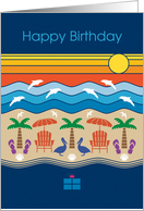 Birthday Ocean & Beach with Dolphins, Pelicans, Palm Trees, Seashells card