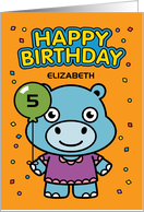 Customize Age and Name 5th Happy Birthday Little Hippo with Balloon card