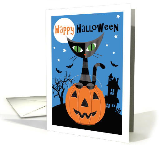Halloween Cat in Pumpkin Spooky House and Bats card (1703350)