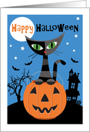 Halloween Cat in Pumpkin Spooky House and Bats card