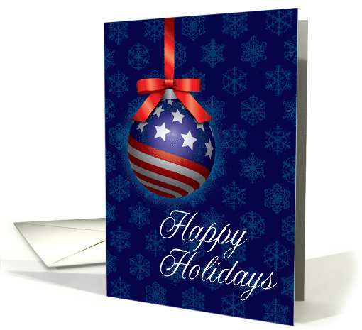 Patriotic American Flag Ornament with Bow Happy Holidays card