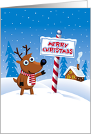 Christmas, From Our Home to Yours, Cute Reindeer at North Pole card