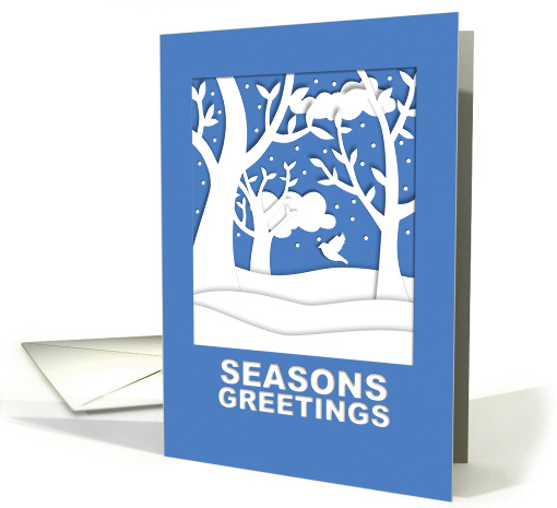 Christmas, Cut Paper Snowy Winter Scene in Blue and White card