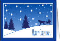 Merry Christmas, Horse Drawn Sleigh Snowy Scene in Blue card