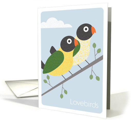 Modern Art Lovebirds Perched on a Branch, Valentine's Day card