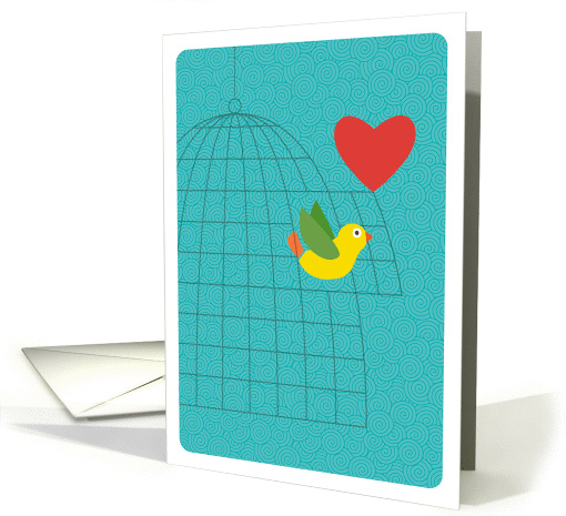 Yellow Bird Flying from Birdcage with Heart, Valentine's Day card