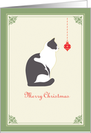 Beautiful Cat Staring at Christmas Ornament, Merry Christmas card