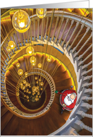 Steppin’ Up Santa on Spiral Staircase Christmas card