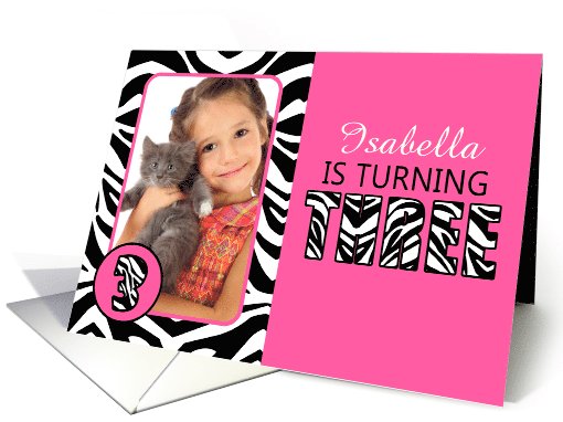 Cute Pink with Zebra Print Third Birthday Photo Party Invitations card