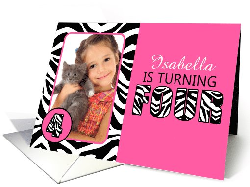 Cute Pink with Zebra Print Forth Birthday Photo Party Invitations card