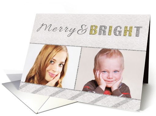 Merry and Bright Two Photo Christmas Card Silver and Gold card