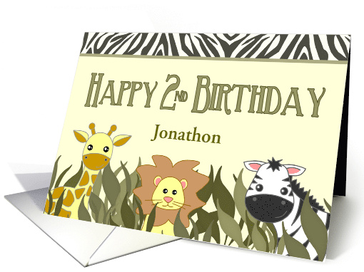 Happy 2nd Birthday Cute Cartoon Jungle Animals Custom Name card