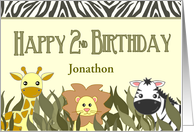 Happy 2nd Birthday Cute Cartoon Jungle Animals Custom Name card