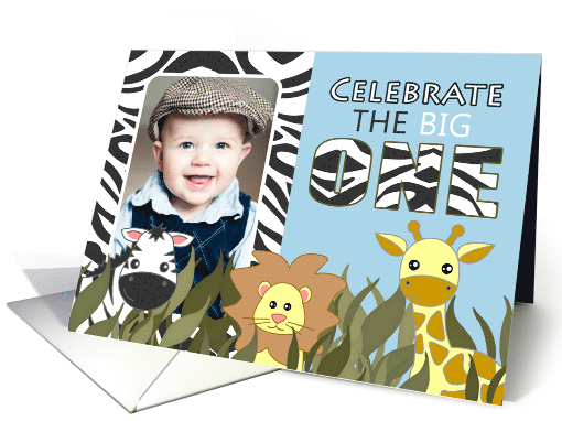 Cute Jungle Themed First Birthday Party Blue Photo Invitations card