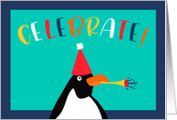 Celebrate Penguin Blowing a Party Horn Happy Birthday card