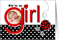 Cute Red Ladybug Baby Girl Photo Birth Announcement card