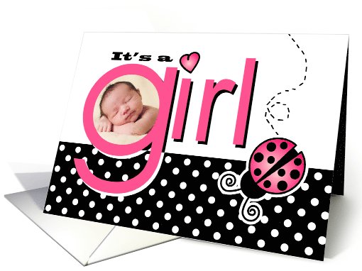 Cute Pink Ladybug Baby Girl Photo Birth Announcement card (949378)