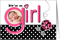 Cute Pink Ladybug Baby Girl Photo Birth Announcement card