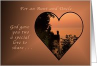 For an Aunt and Uncle, Anniversary, Heart at Romantic Sunset card