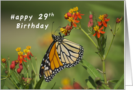 Happy 29th Birthday, Monarch Butterfly on Red Milkweed Flowers card