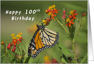 Happy 100th Birthday, Monarch Butterfly on Red Milkweed Flowers card