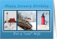 Happy January Birthday for a Cool Wife, Lighthouses in Winter card