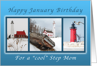 Happy January Birthday for a Cool Step Mom, Lighthouses in Winter card
