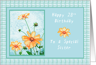 Happy 28th Birthday to a Special Sister, Orange flowers, gingham card