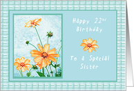 Happy 22nd Birthday to a Special Sister, Orange flowers, gingham card
