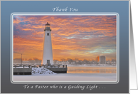 A Thank You to a Pastor who is a guiding light, lighthouse at sunrise. card