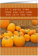 Halloween Party Invitations, Pumpkins Stacked on Bales of Hay card
