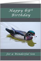 Happy 69th Birthday for a Son, Wood Duck and Gingham Background card
